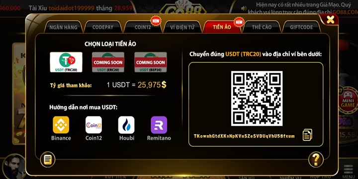 Nạp tiền nổ hũ Go88 bằng tiền ảo