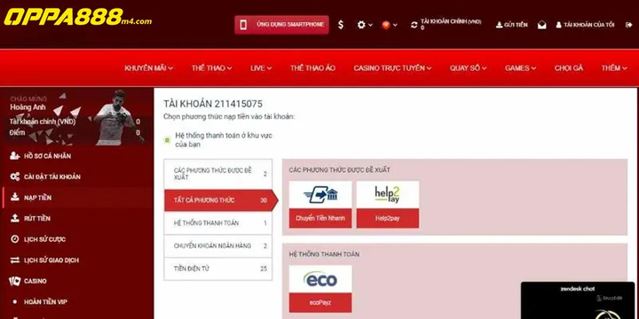 Thực hiện nạp rút tiền tại Oppa888